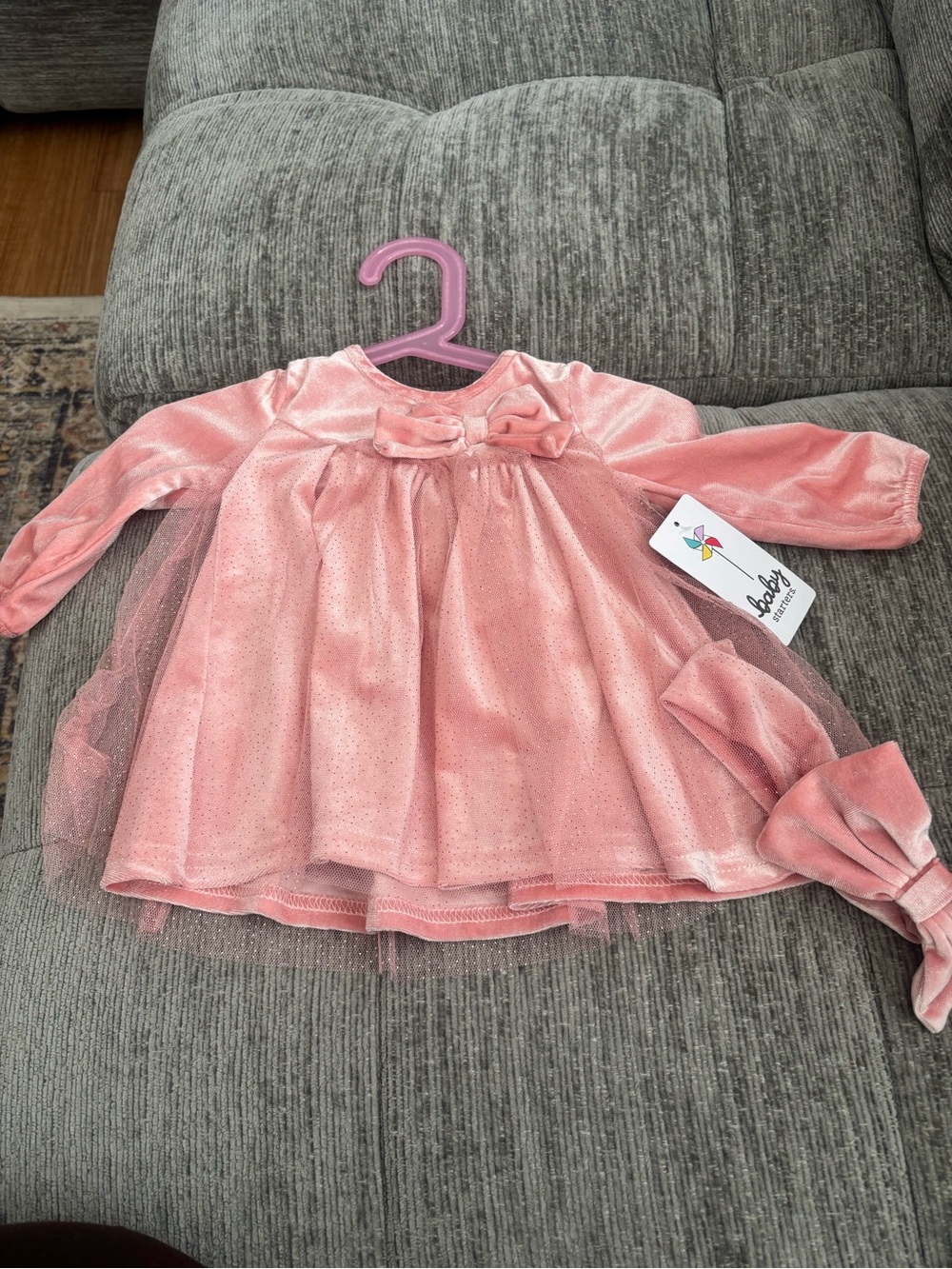 Baby Starters Pink Velvet Sparkle Tulle Dress and Headband Sz 6 months